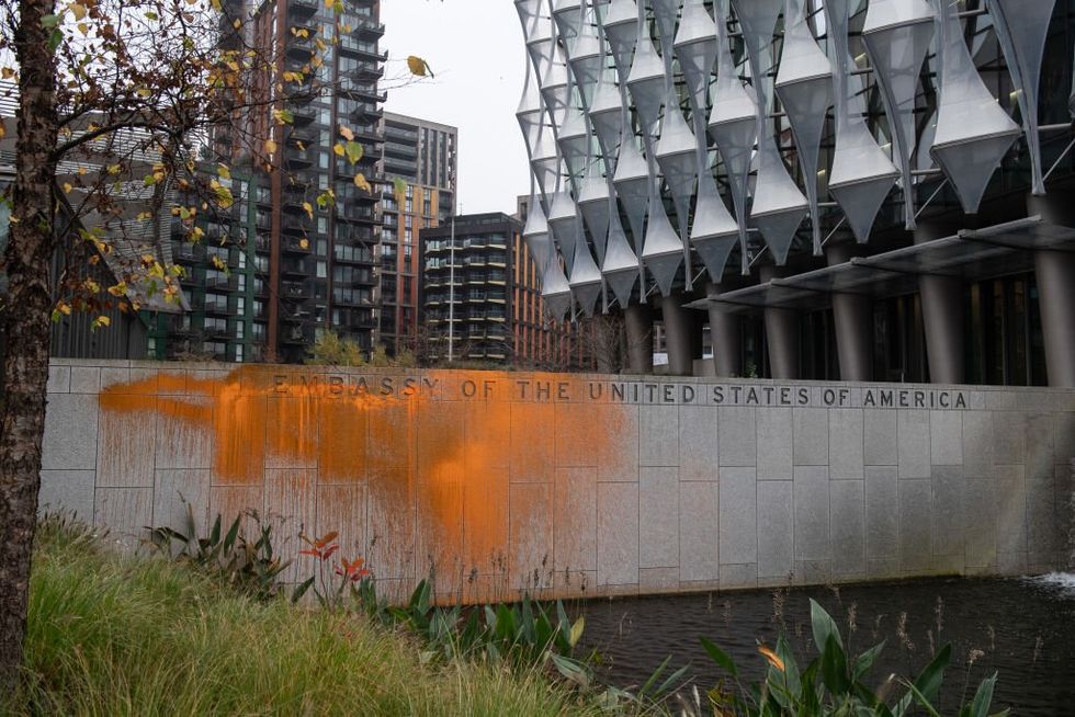 'Democracy is hijacked': Anti-oil activists take credit for spray-painting US Embassy in London over Trump victory, 'fascism'