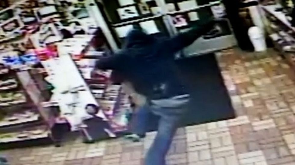 Tough-Acting Robber Enters Store with His Gun Drawn — Watch His Demeanor Change Within Seconds