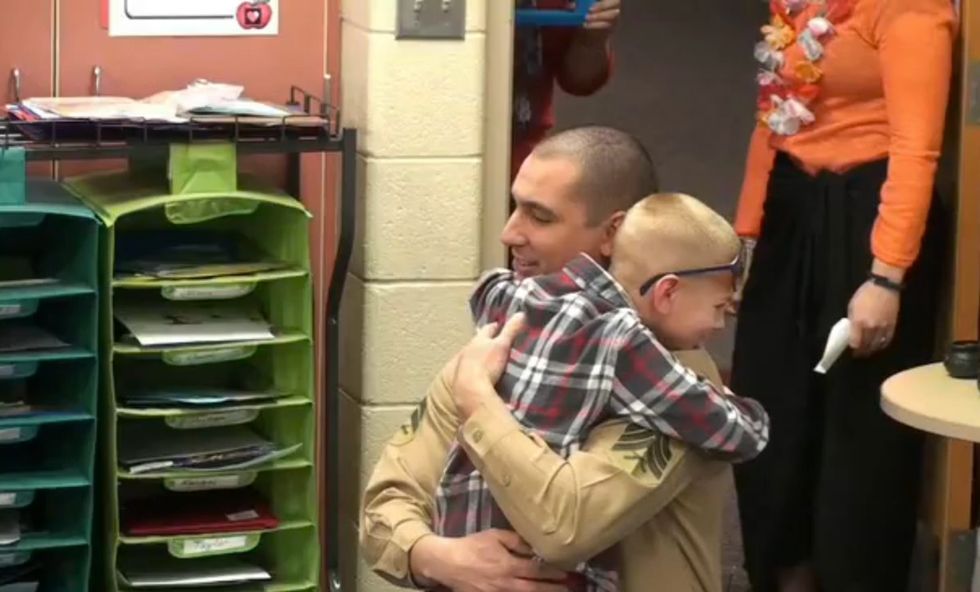 Watch as a Marine Dad Surprises His Son's Kindergarten Class as Their 'Mystery Reader