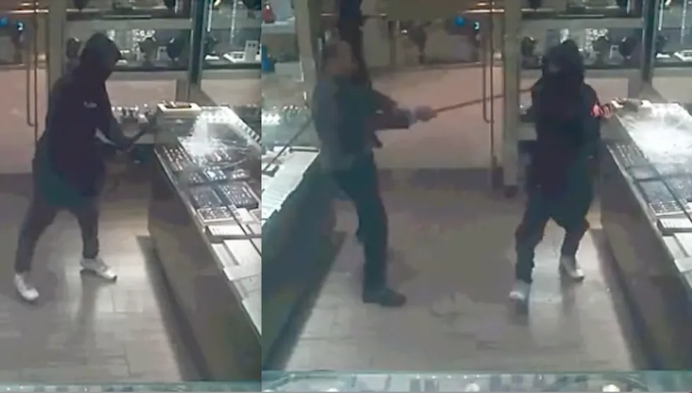 Video: Stick-wielding jewelry store owner lowers the boom on brazen trio of masked, hooded crooks trying smash-and-grab heist